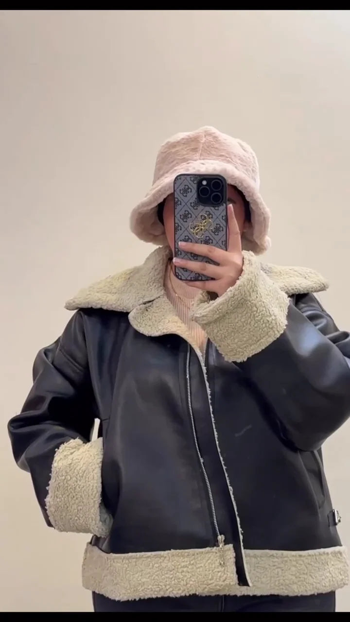 Oversized Faux Leather Shearling Jacket with Warm Fleece Lining and Turn-Down Collar