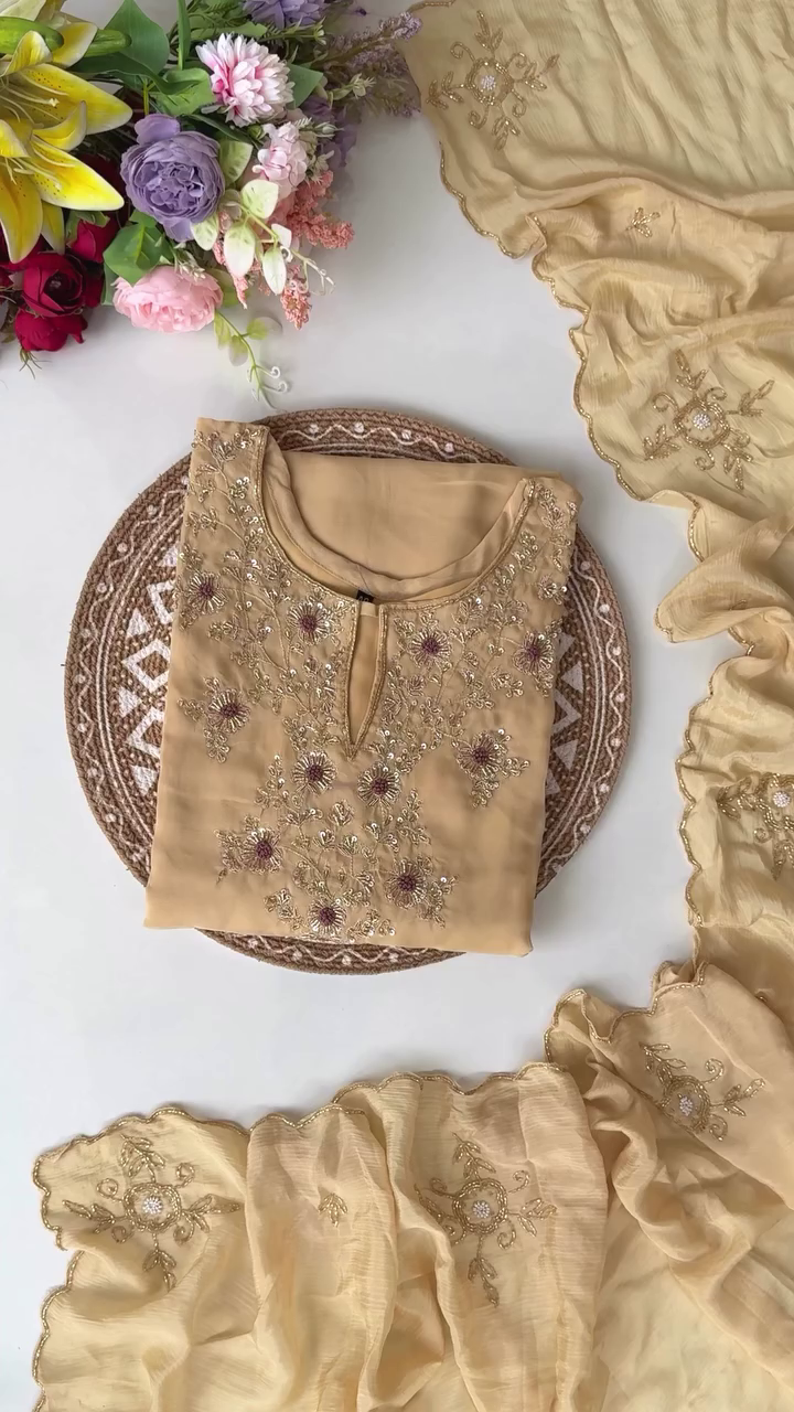 Graceful Mustard Yellow Embroidered Kurta with Floral Detailing and Matching Sheer Dupatta – Perfect for Festive and Traditional Occasions