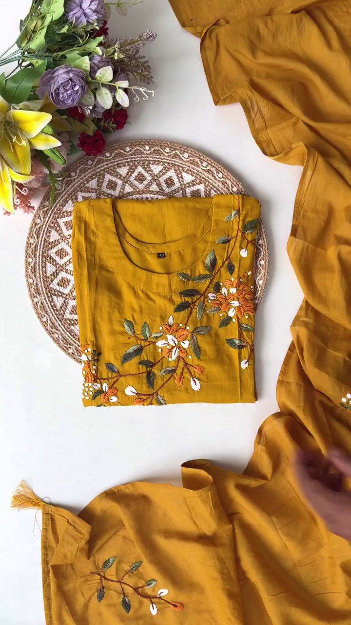 Charming Mustard Yellow Embroidered Kurta Set with Floral Motifs – Perfect for Casual and Semi-Festive Occasions
