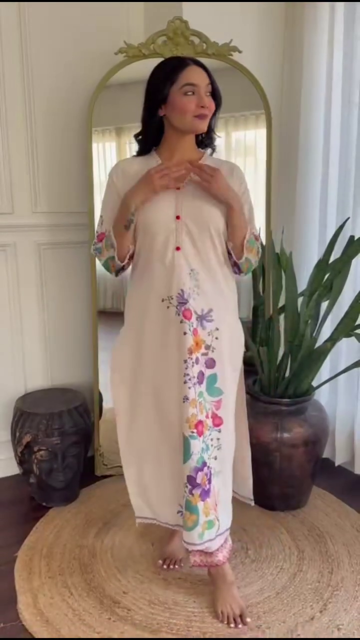 Beige Floral Embroidered Kurti with Colorful Accents on Sleeves and Hem – Perfect for Casual and Semi-Formal Occasions