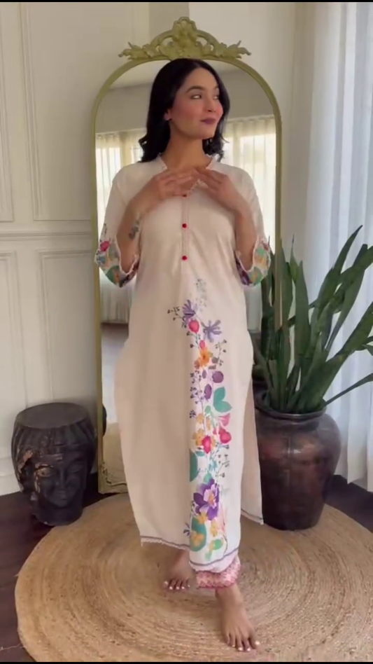 Beige Floral Embroidered Kurti with Colorful Accents on Sleeves and Hem – Perfect for Casual and Semi-Formal Occasions
