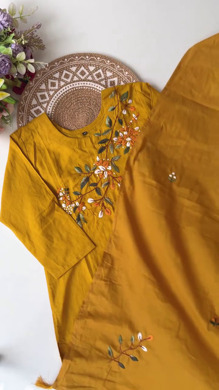 Charming Mustard Yellow Embroidered Kurta Set with Floral Motifs – Perfect for Casual and Semi-Festive Occasions