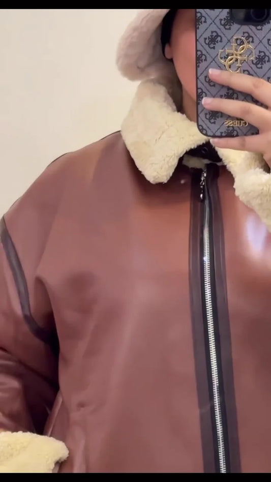 Winter Special Trendy Oversized Faux Leather Jacket with Shearling Lining and Cuffs, Warm Fleece Collar, Paired with Cozy Beige Knit Sweater