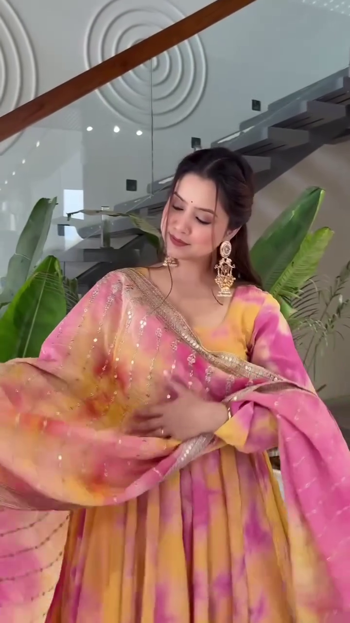 Beautiful Tie-Dye Anarkali Dress in Shades of Pink and Yellow, Featuring a Flowing Silken Dupatta, Perfect for Festivals, Weddings, or Special Celebrations
