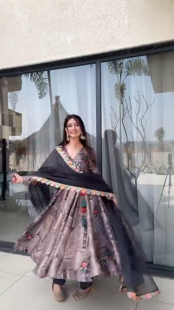 Stylish Brown and Black Printed Anarkali Dress with Colorful Embellished Border on the Dupatta, Featuring a Relaxed Fit and Elegant Long Sleeves, Perfect for Semi-Formal and Festive Occasions.