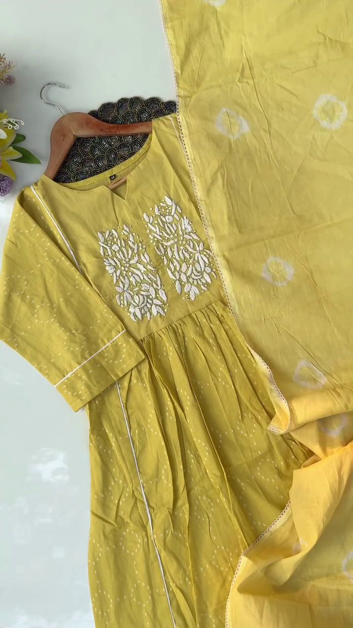 Yellow Embroidered Cotton Kurta with Floral Detailing and Matching Dupatta – Elegant and Comfortable Traditional Wear for Casual or Festive Occasions