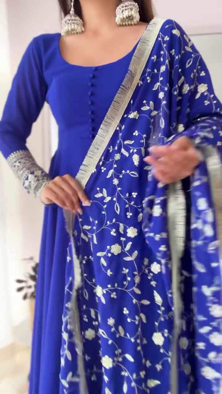 Elegant Royal Blue A-Line Dress with Floral Embroidered Sheer Dupatta, Button Detailing, and Flowy Silhouette for Festive Occasions