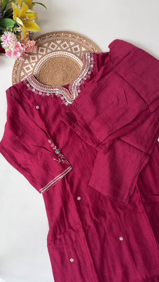 Rich Burgundy Embroidered Kurta with Intricate Floral Neck Design and Matching Striped Dupatta – Perfect for Traditional and Festive Celebrations