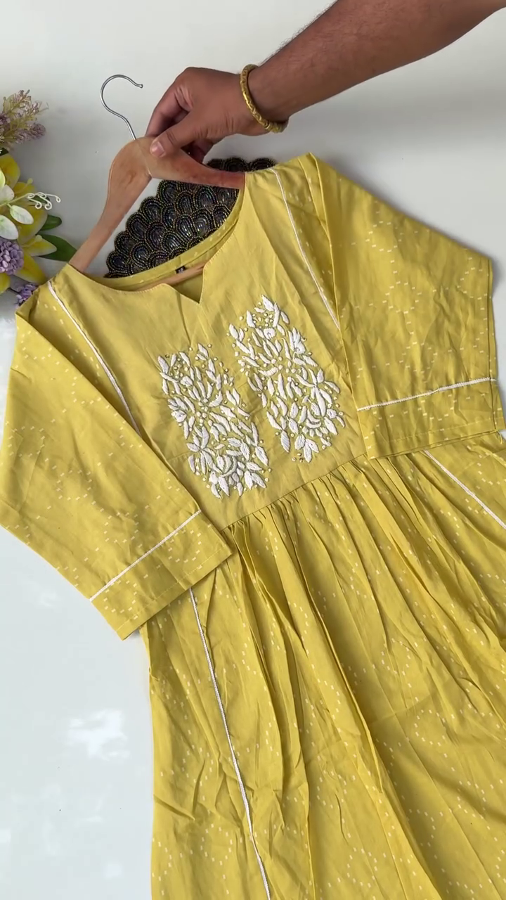 Yellow Embroidered Cotton Kurta with Floral Detailing and Matching Dupatta – Elegant and Comfortable Traditional Wear for Casual or Festive Occasions