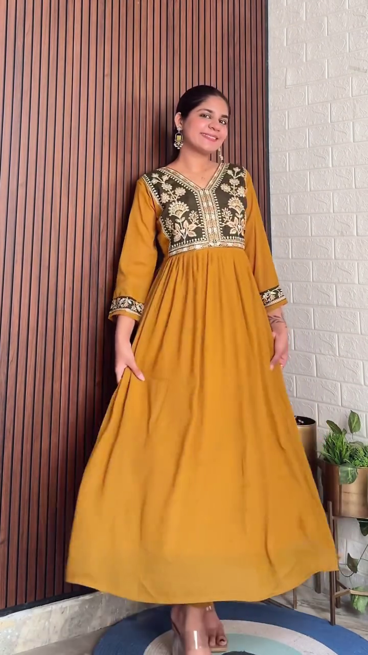 Stylish Ethnic Dresses in Vibrant Colors – Mustard and Purple, with Beautiful Embroidery and Perfect for Casual or Festive Wear