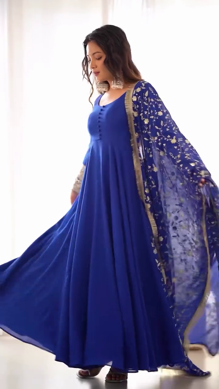 Elegant Royal Blue A-Line Dress with Floral Embroidered Sheer Dupatta, Button Detailing, and Flowy Silhouette for Festive Occasions