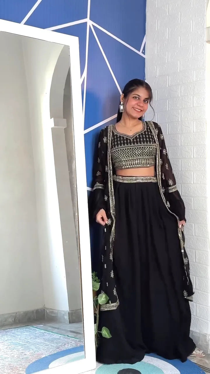 Black Anarkali Set Featuring Intricate Gold Embroidery on the Crop Top and Flowing Skirt, Paired with a Delicate Sheer Dupatta
