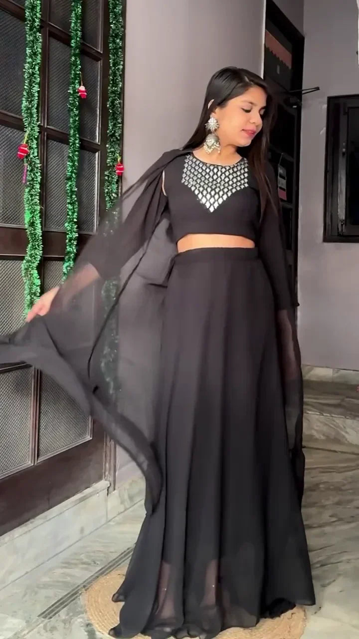 Stylish Black Crop Top and Flared Skirt Set with Intricate Silver Embellishments on the Bodice, Perfect for Evening Parties