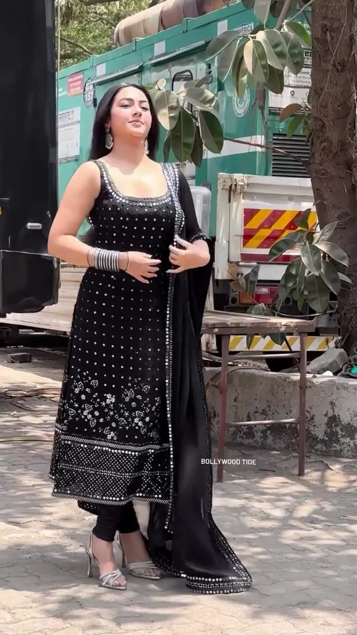 Chic Black Anarkali Dress with Intricate Silver Embroidery and Sequin Work – Featuring a Flared Skirt, Embellished Neckline