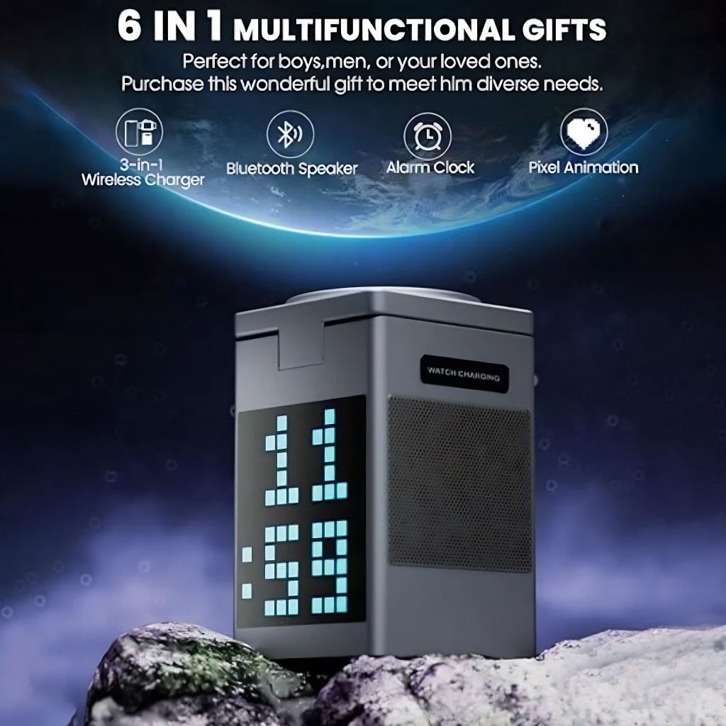 Pixel Dock - 5 in 1 Wireless Charger with Speaker and Clock