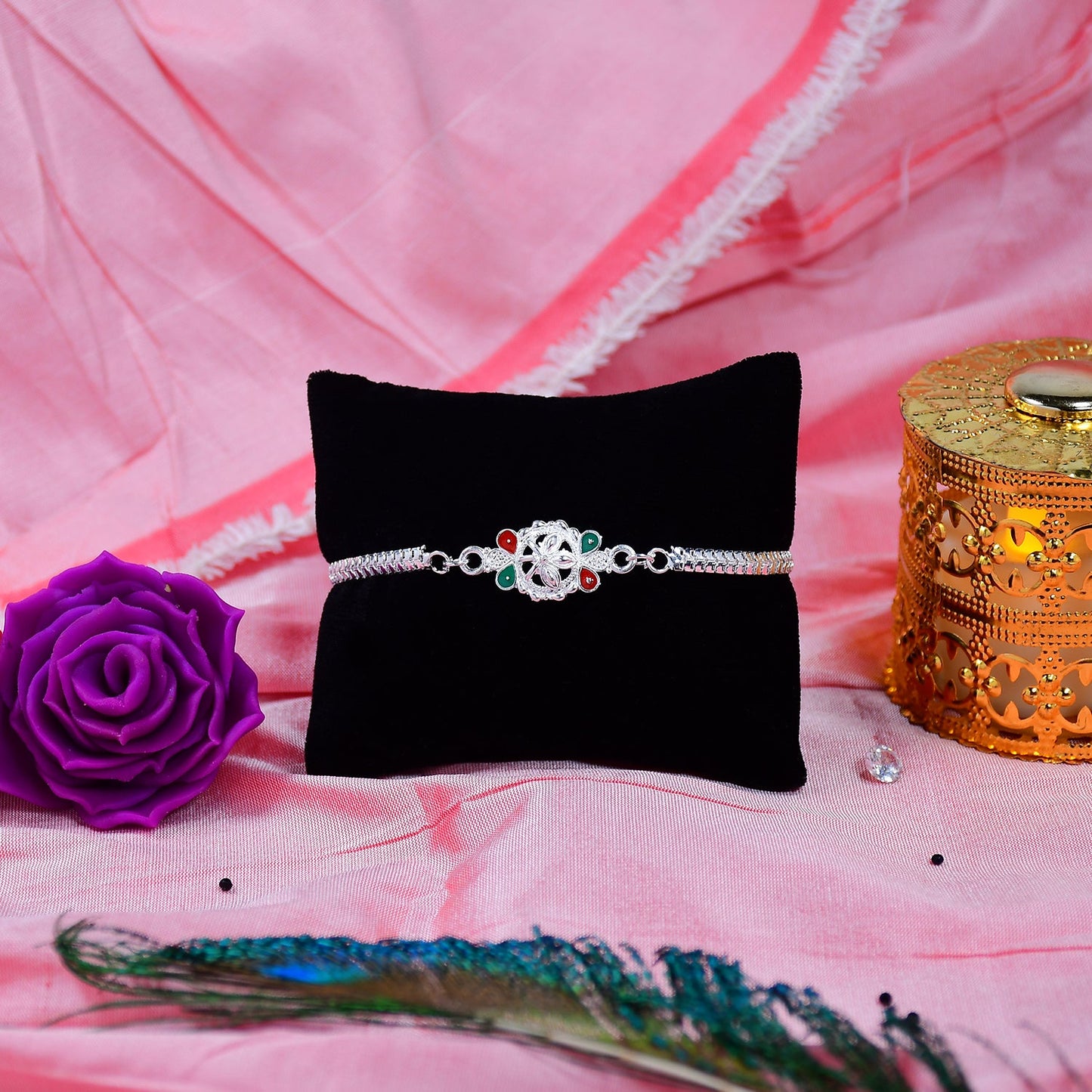 Delicate Metal Chain Rakhi with Enamel Floral Center