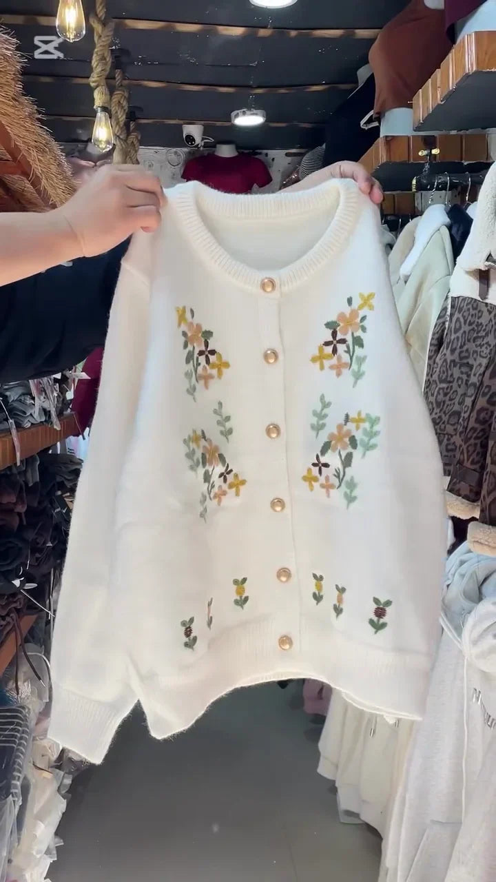 Women’s Floral Embroidered Knitted Cardigan – Cozy Button-Down Winter Sweater in White, Red, Black & Brown Colors