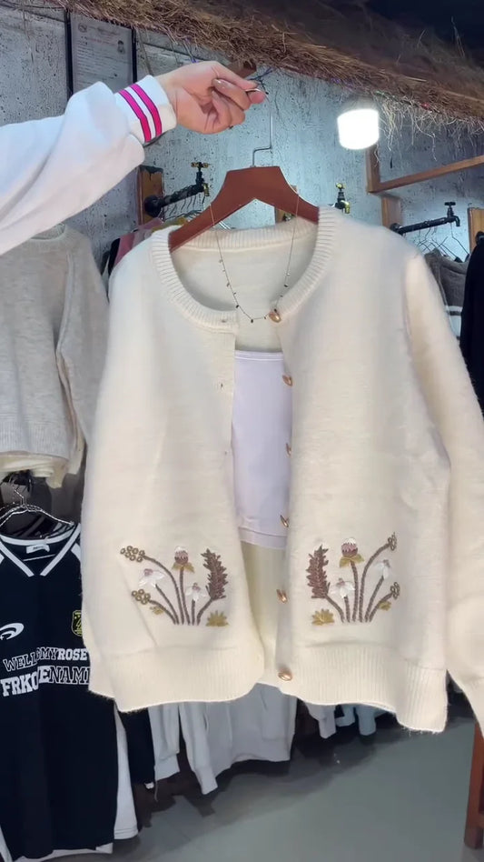Women’s Embroidered Floral Knit Cardigan – Soft Button-Down Sweater in Cream & Red Colors