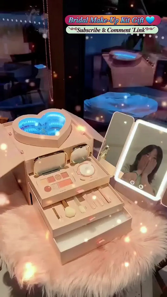 Bridal Makeup Kit Gift Box with LED Mirror – Luxury All-in-One Cosmetic Organizer