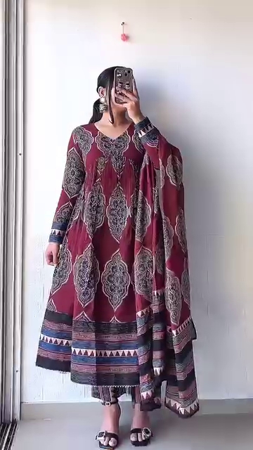 Printed Anarkali Kurta Set with Dupatta and Pants – Traditional Indian Ethnic Wear for Women · Available in Royal Blue Floral Block Print and Maroon Ethnic Motif Design