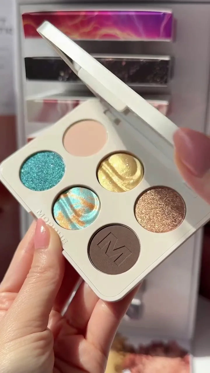 Vibrant 6-Color Eyeshadow Palette – Mix of Matte, Metallic & Shimmer Shades in Bold Blue, Gold, Bronze & Neutral Tones for Stunning Eye Makeup Looks