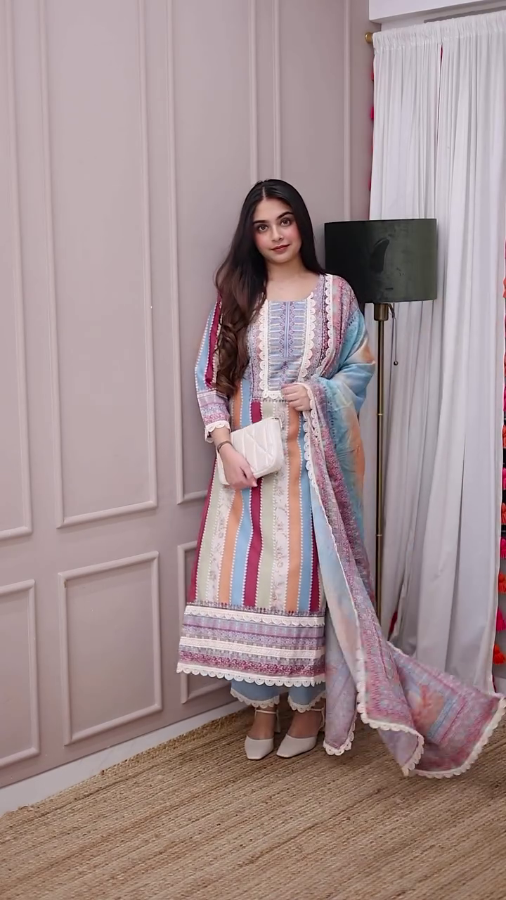 Pastel Striped Salwar Suit Set with Embroidered Lace Detailing – Straight-Cut Kurta, Matching Pants, and Flowy Printed Dupatta