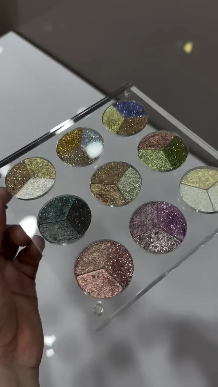 Stunning 9-Pan Glitter Eyeshadow Palette – Multi-Color Trio Shades in Each Pan with Bold Metallic & Shimmer Finishes for Glamorous Eye Makeup Looks
