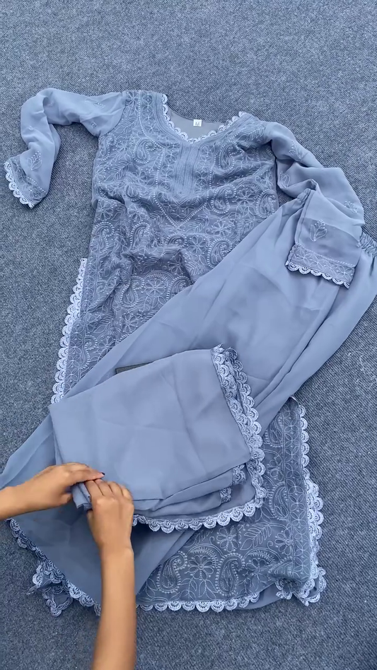 Grey Embroidered Salwar Suit Set with Lace Detailing – Elegant Kurta, Straight Pants, and Matching Dupatta