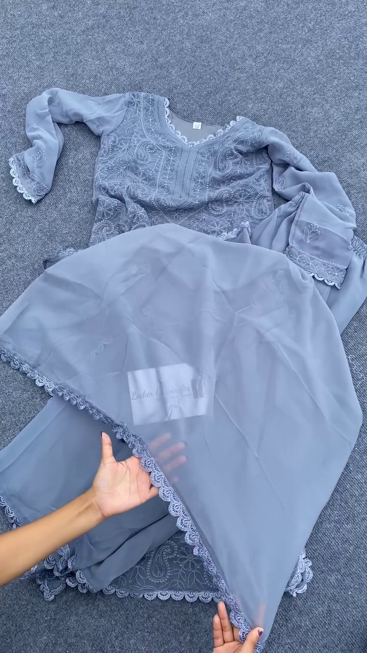 Grey Embroidered Salwar Suit Set with Lace Detailing – Elegant Kurta, Straight Pants, and Matching Dupatta