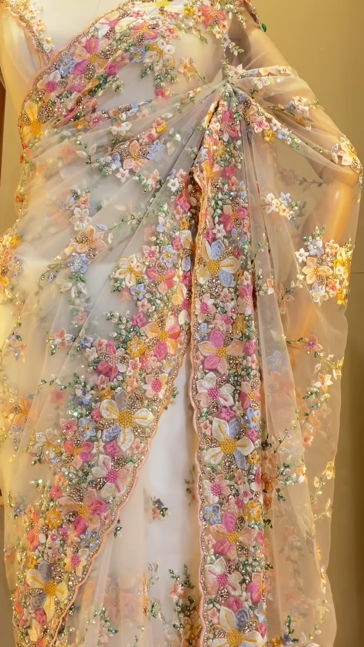 Pastel Floral Embroidered Net Saree with Sequins – Elegant Designer Saree for Weddings and Festive Occasions