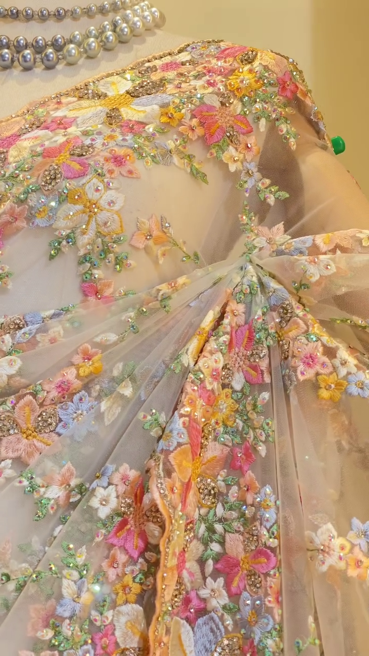 Pastel Floral Embroidered Net Saree with Sequins – Elegant Designer Saree for Weddings and Festive Occasions