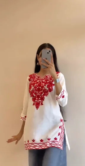 Elegant White Cotton Kurti with Red Thread Embroidery – Casual and Festive Wear Tunic for Women