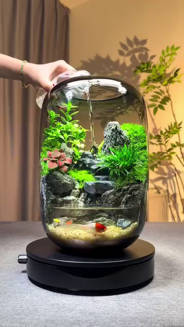 Elegant LED-Lit Desktop Waterfall Terrarium Aquarium – Handcrafted Glass Jar with Lush Aquatic Plants, Realistic Rock Landscaping, and Circulating Water Feature for Home or Office Decor