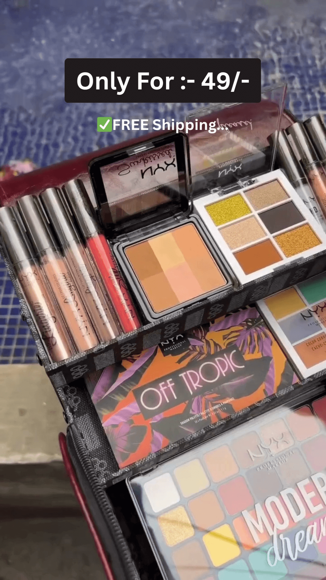 Luxury Burgundy PU Leather Makeup Storage Handbag with Multi-Layer Foldable Cosmetic Organizer Box Including Premium NYX Makeup Kit and Free Shipping