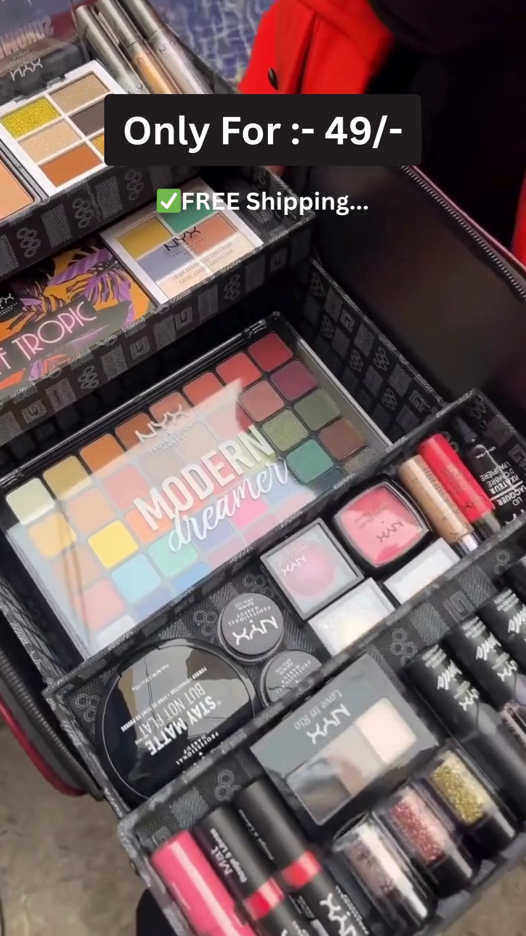 Luxury Burgundy PU Leather Makeup Storage Handbag with Multi-Layer Foldable Cosmetic Organizer Box Including Premium NYX Makeup Kit and Free Shipping