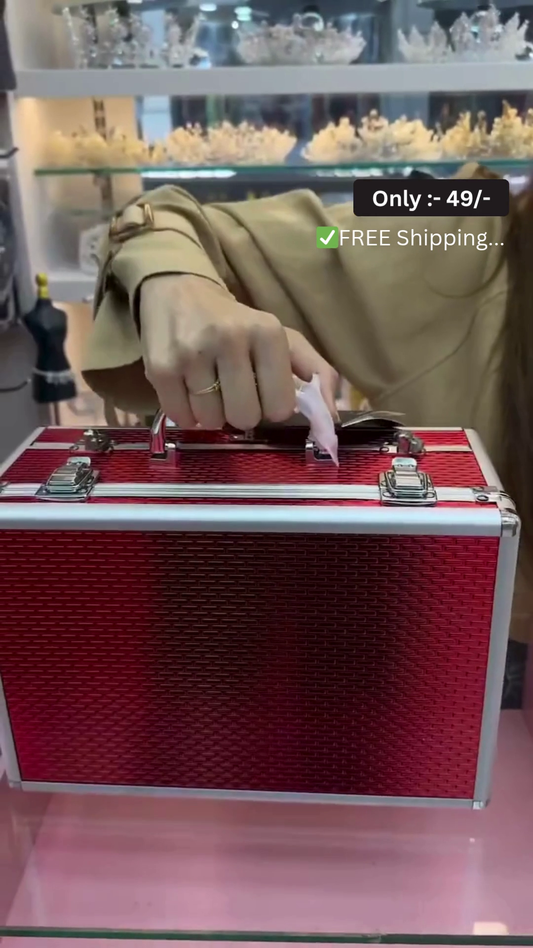 All-in-One Premium Red Aluminum Makeup Vanity Case with Multi-Layer Foldable Design – Includes Full-Size Eyeshadows, Contour Creams, Blushes, Highlighters, Lipsticks, Eye and Lip Pencils, Makeup Brushes, Tools, Mirror and Organizer Tray