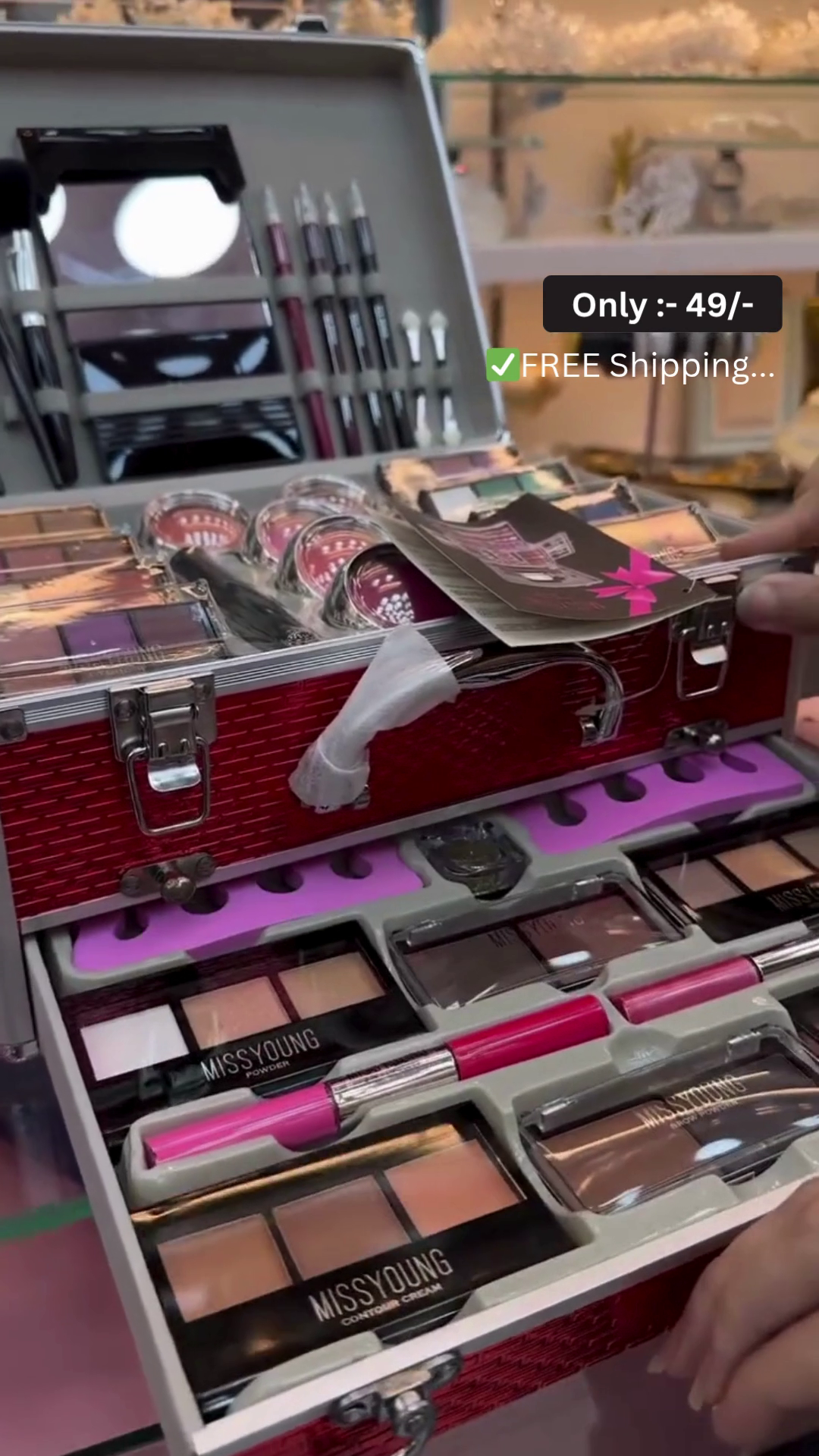 All-in-One Premium Red Aluminum Makeup Vanity Case with Multi-Layer Foldable Design – Includes Full-Size Eyeshadows, Contour Creams, Blushes, Highlighters, Lipsticks, Eye and Lip Pencils, Makeup Brushes, Tools, Mirror and Organizer Tray