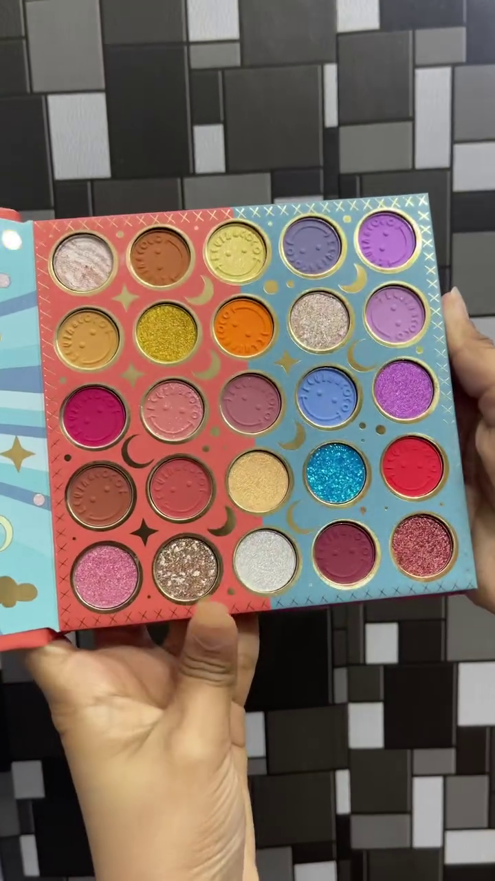 Vibrant Celestial & Heart-Themed Multi-Finish Eyeshadow and Highlighter Palette Duo Featuring Bold Mattes, Shimmers, and Glitters in a Whimsical Colorful Design