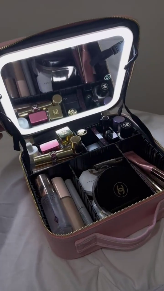Luxury Travel Makeup Organizer Case with Built-in LED Touch Mirror, Adjustable Light Modes, Removable Dividers, and Storage for Lipsticks, Foundations, Brushes, and Skincare Essentials