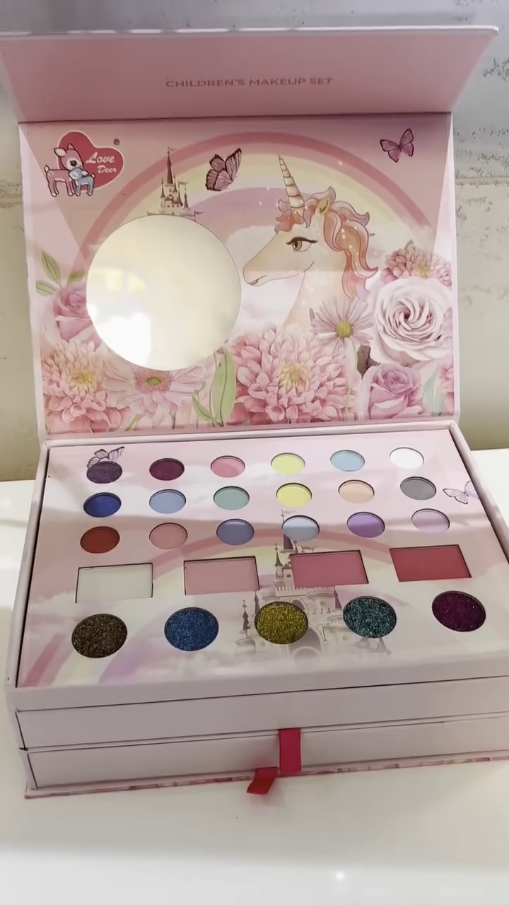 Deluxe All-in-One Unicorn-Themed Children's Makeup Set with Eyeshadows, Blushes, Glitter Palettes, Makeup Brushes, Hair Accessories, Lip Glosses, and Mirror in a Fantasy Princess Castle Design Box