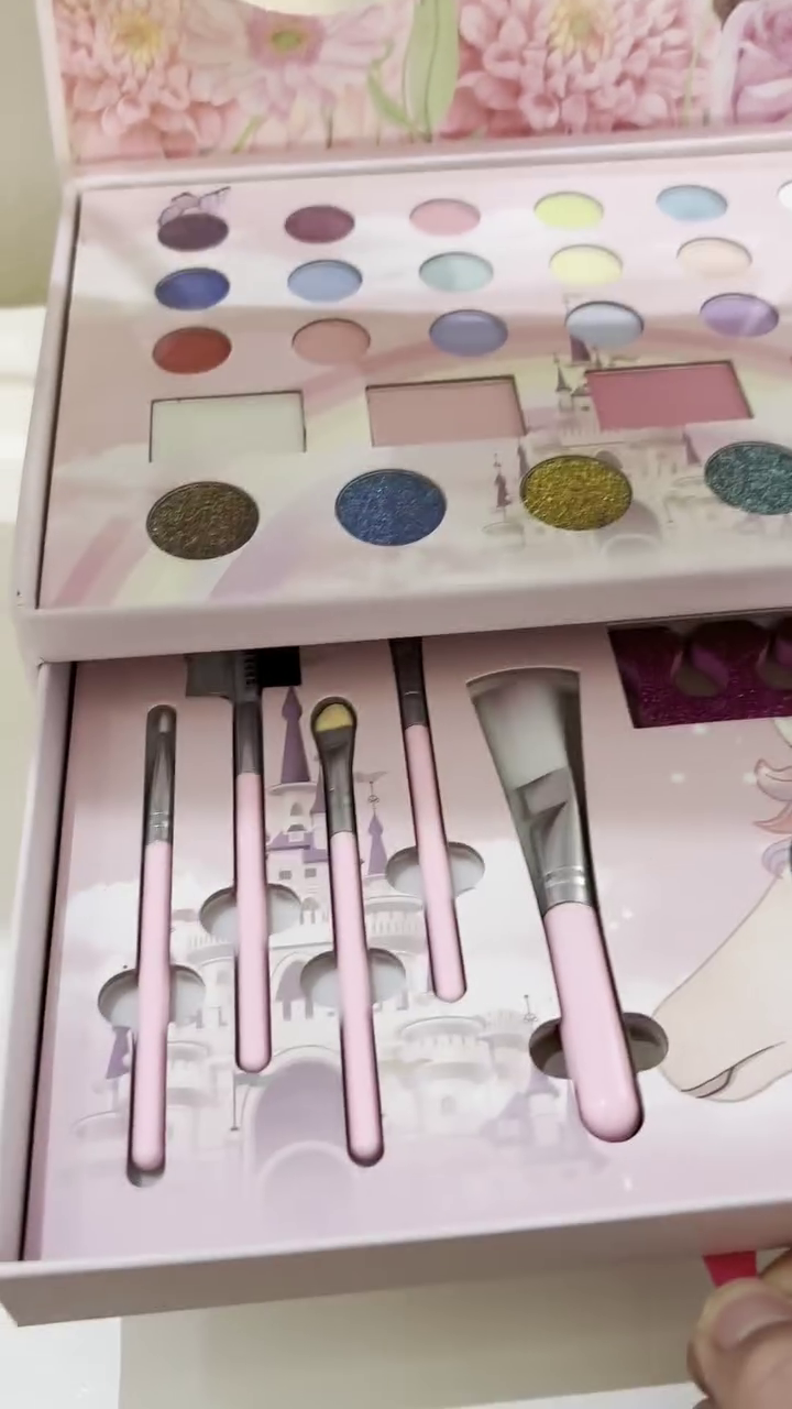 Deluxe All-in-One Unicorn-Themed Children's Makeup Set with Eyeshadows, Blushes, Glitter Palettes, Makeup Brushes, Hair Accessories, Lip Glosses, and Mirror in a Fantasy Princess Castle Design Box