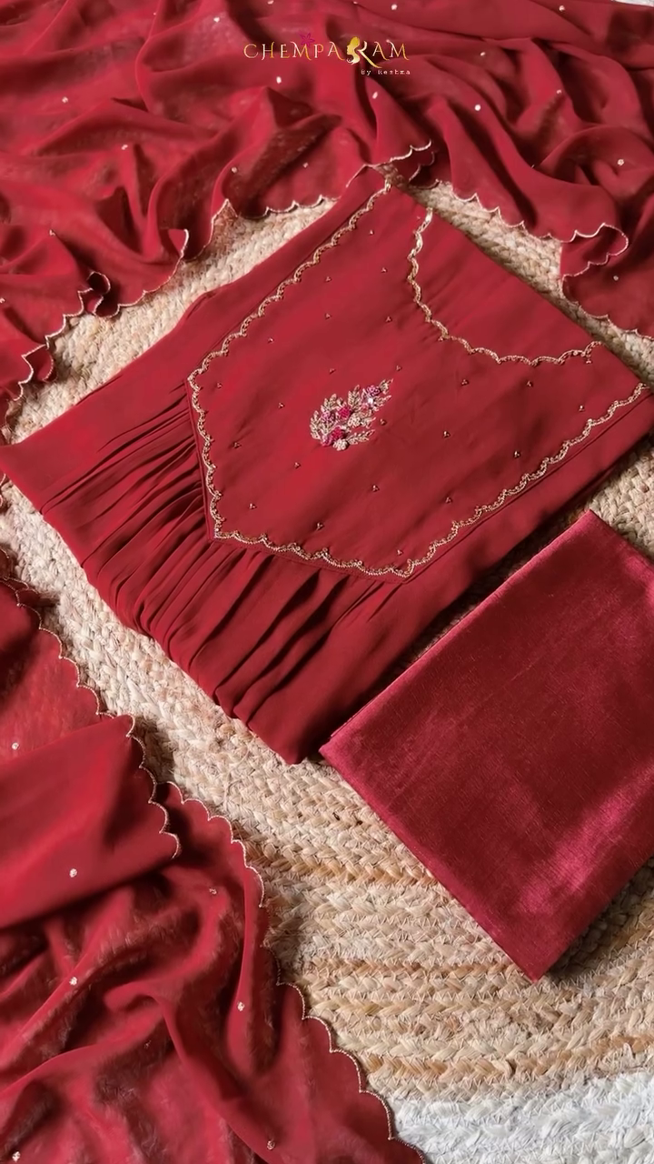 Maroon Georgette Suit Set with Scallop Detailing, Sequin Work Dupatta, Pleated Bottom, and Matching Silk Fabric – Elegant Ethnic Wear for Festive and Special Occasions