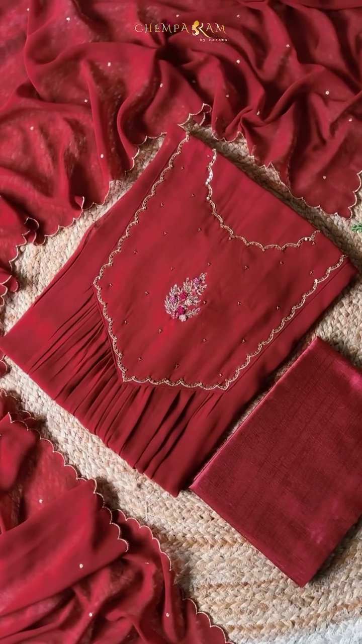 Maroon Georgette Suit Set with Scallop Detailing, Sequin Work Dupatta, Pleated Bottom, and Matching Silk Fabric – Elegant Ethnic Wear for Festive and Special Occasions
