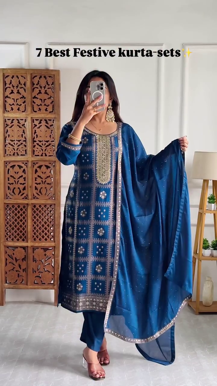 Festive Kurta Set Collection Straight-Cut Kurtas with Intricate Sequin and Mirror Work, Matching Pants, and Lightweight Sheer Dupattas with Embellished Borders – Perfect for Celebrations and Traditional Occasions