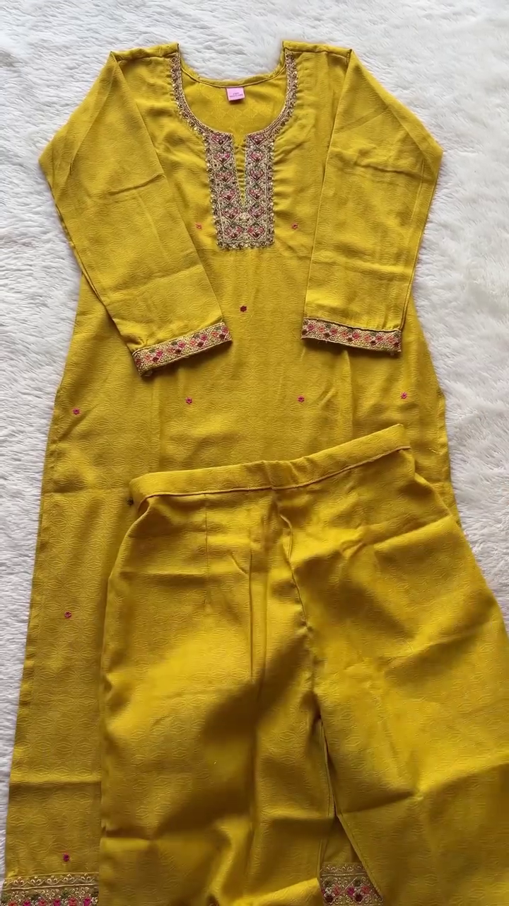 Mustard Yellow Kurta Set with Intricate Embroidered Neckline, Mirror and Thread Detailing on Sleeves and Matching Banarasi Dupatta with Golden Zari Motifs – Perfect for Festive and Wedding Occasions