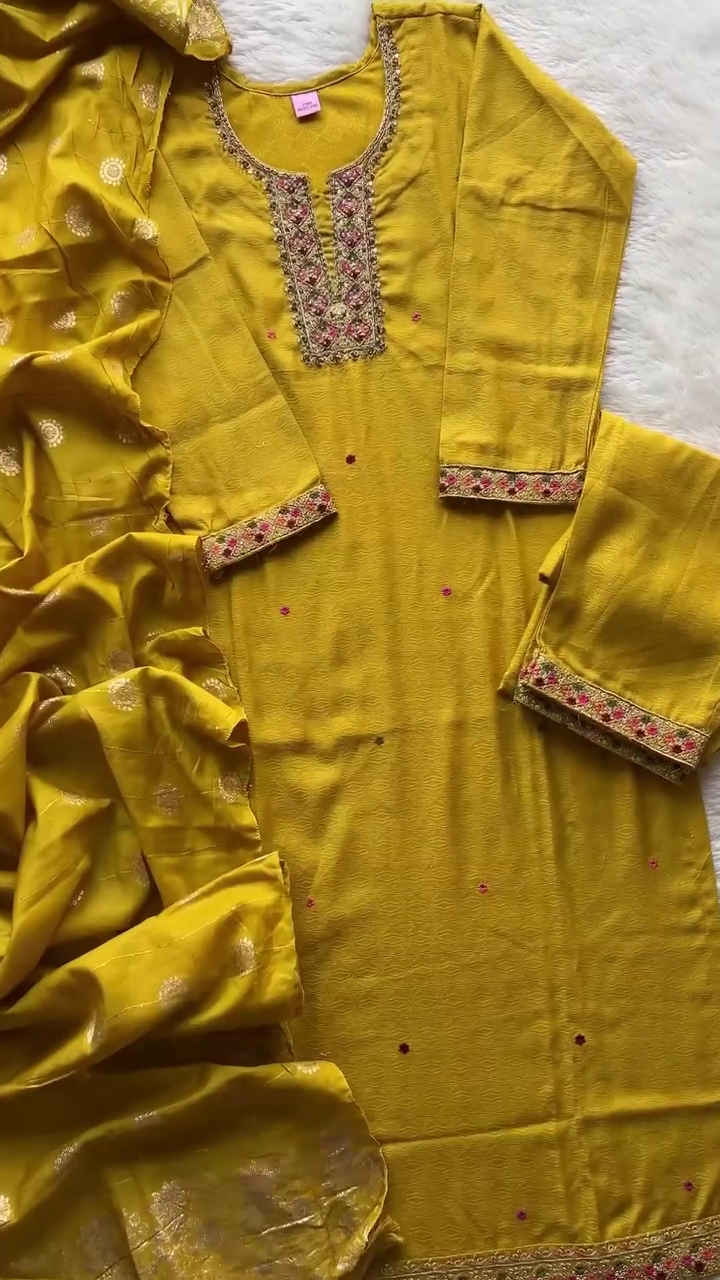 Mustard Yellow Kurta Set with Intricate Embroidered Neckline, Mirror and Thread Detailing on Sleeves and Matching Banarasi Dupatta with Golden Zari Motifs – Perfect for Festive and Wedding Occasions