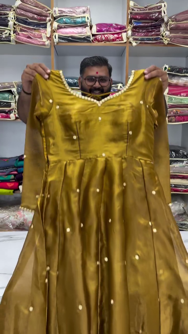 Luxurious Golden Anarkali Kurta Set with Self-Design Detailing, Matching Straight Pants, and Coordinated Dupatta with Delicate Golden Sequins – Ethnic Ensemble for Weddings, Festive Celebrations