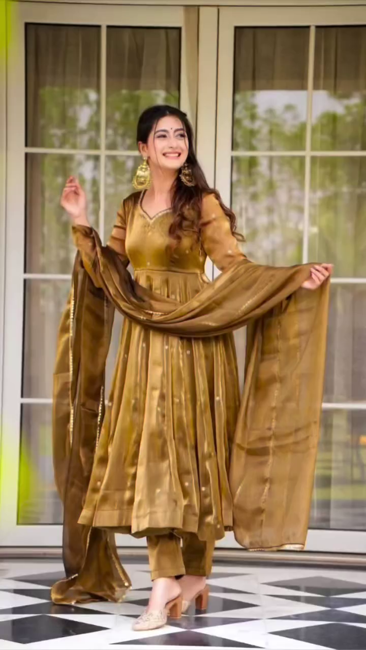 Luxurious Golden Anarkali Kurta Set with Self-Design Detailing, Matching Straight Pants, and Coordinated Dupatta with Delicate Golden Sequins – Ethnic Ensemble for Weddings, Festive Celebrations