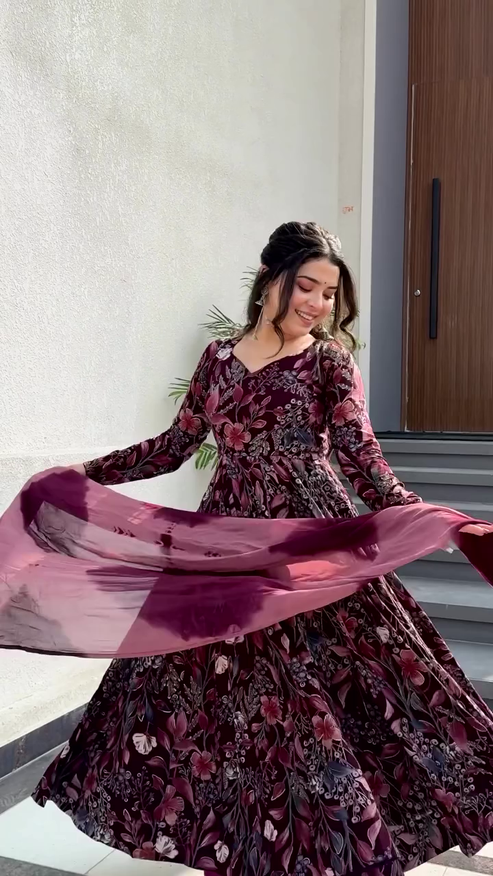 Maroon and Pink Floral Printed Anarkali Set with Flowing Chiffon Dupatta and Full Sleeves – Perfect for Festive Occasions, Weddings, and Ethnic Celebrations