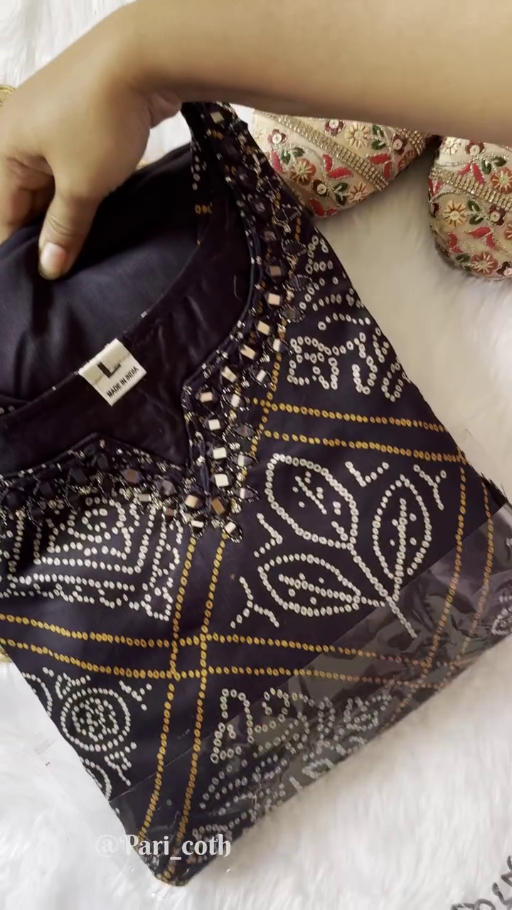 Black Bandhani Printed Straight-Cut Kurta Set with White and Mustard Geometric Motifs, Mirror Work Neckline, and Matching Bottom and Dupatta – Ethnic Ensemble for Festive and Traditional Wear